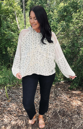 POL Cream & Gray Floral Star Patch Hoodie with Crochet Detail - Stylish, Cozy, and Unique Women's Fashion Top