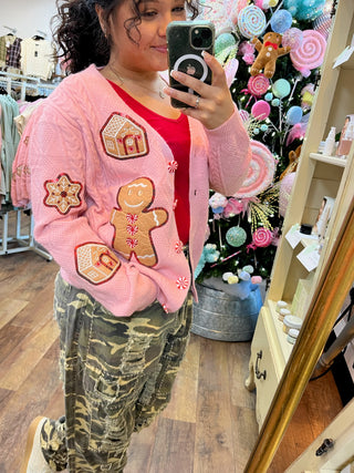 Pink Cable Knit Gingerbread Cardigan Top