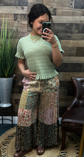 Listicle Light Sage Cable Knit Short Slv Ruffle Hem Sweater Top