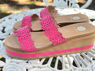 Alternate view of Yellowbox Airy Fuchsia Scalloped Edge Wedge Sandals
