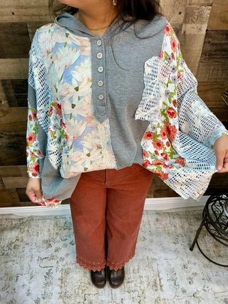 POL Heather Gray Half Placket Mixed Fabric Boxy Top Oversized