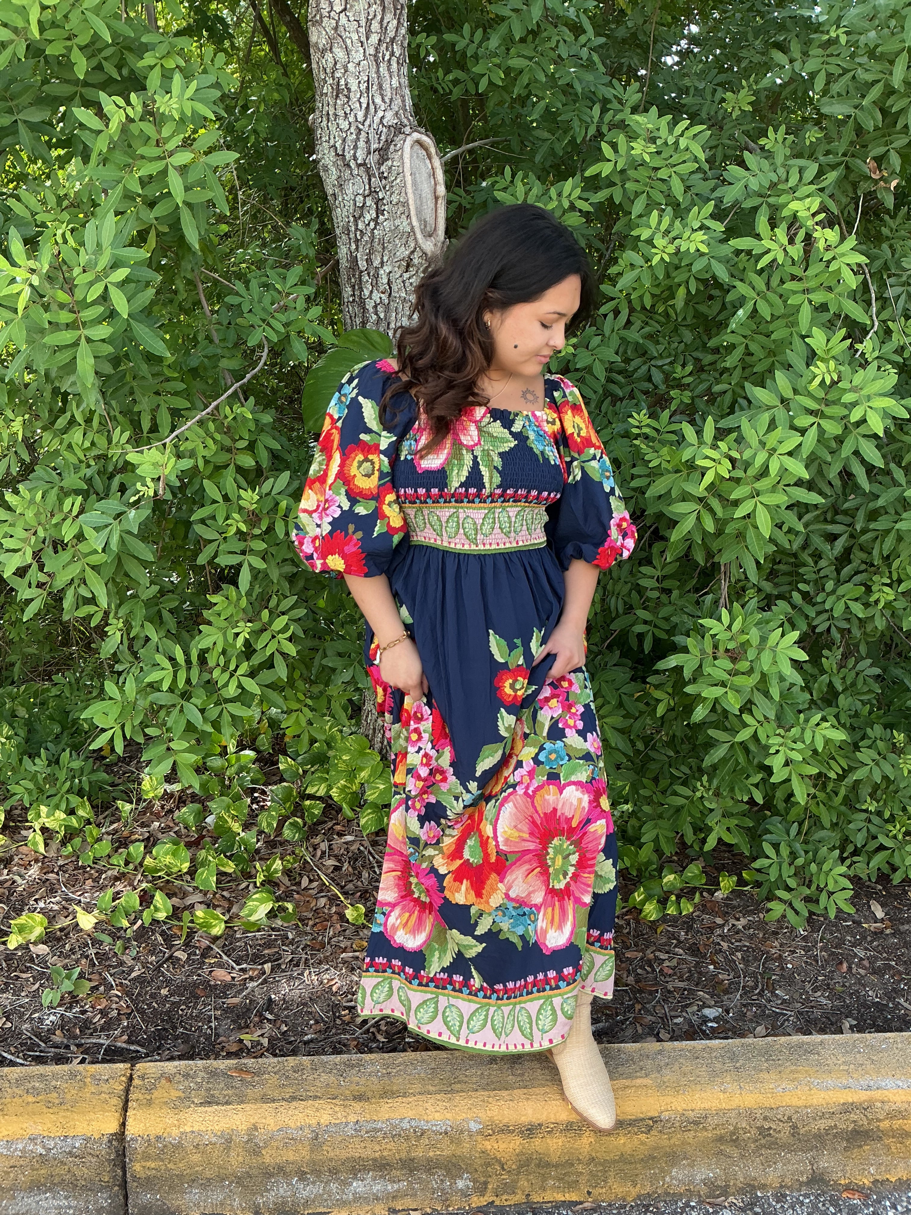 Oddi Navy Floral Bubble Slv Smocked Bodice Maxi Dress Oddi Navy Floral Bubble Slv Smocked Bodice Maxi Dress