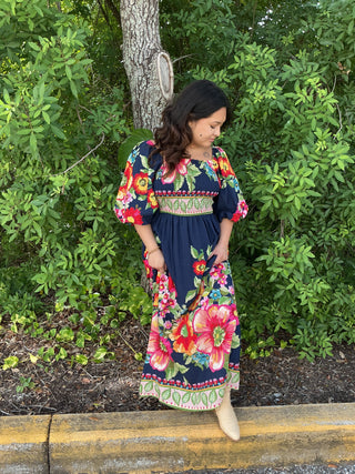 Oddi Navy Floral Bubble Slv Smocked Bodice Maxi Dress