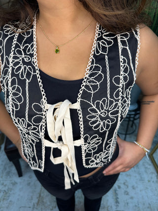 Forte Black Tie Front Vest w/ Ivory Embroidery