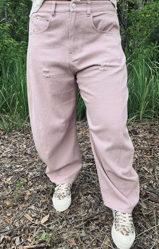 Dusty Mauve Gypsy Fit Denim Pants on display with a breezy, stylish silhouette, perfect for a chic and comfortable look.