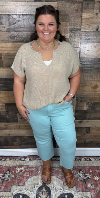 Judy Blue 88984 Chalky Mint Cropped Wide Leg Jeans displayed on a mannequin with a clean white background.