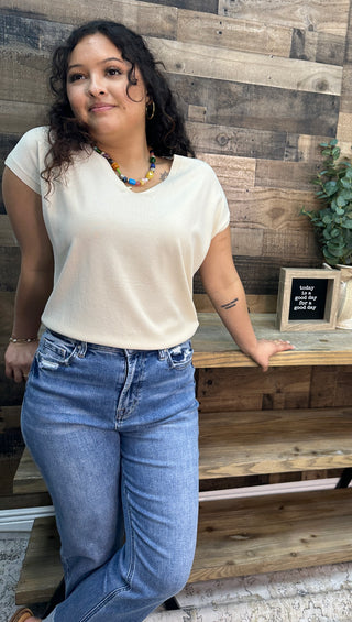 Alternate view of Like Love Cream Cap Slv V Neck Knit Top

