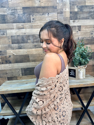 POL Latte Chenille Crochet Cardigan Shrug Top One Size