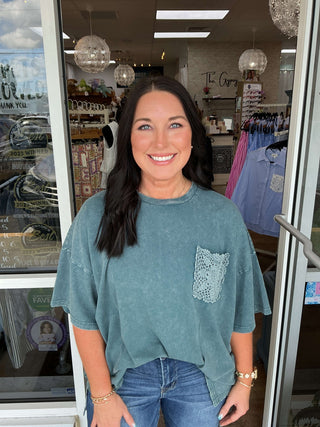 Easel Crochet Pocket Mineral Washed Top in 3 Colors - Stylish & Comfortable Women's Fashion