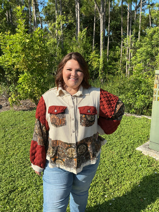 POL Vintage Shacket Top Deep Brick & Oatmeal w/ Pearl Accents