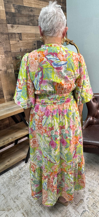 Alternate view of Oddi Minty Garden Floral Printed Tiered Midi Dress w/ Puff Sleeve & Elastic Waist
