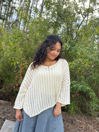 POL Ivory Crochet Short Sleeve Drop Shoulder Top