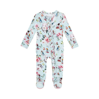 Posh Peanut Melinda Ruffled Footie One Piece - Floral design, soft fabric, baby girls' cozy sleepwear with elegant ruffle details.