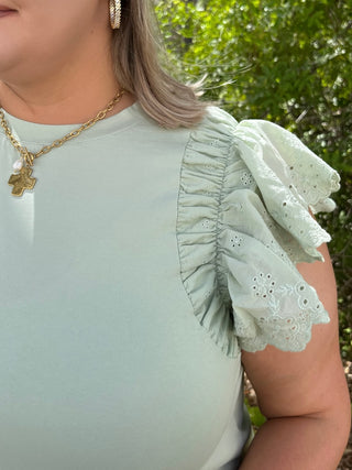 Alternate view of Green Eyelet Flutter Sleeve Top
