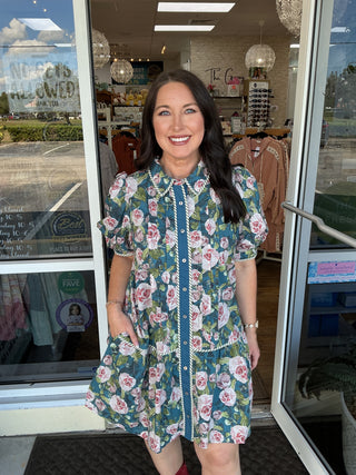 Entro Dusty Teal Floral Print Drop Waist Short Dress