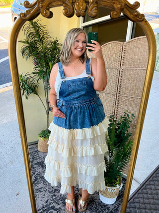 Alternate view of Wanna Be Her Denim Ruffle Overall Dress
