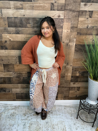 POL Peach & Blue Floral  Patchwork Jogger w/ Crochet Detail