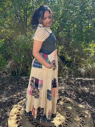 Alternate view of Young Threads Smocked Denim w/ Latte Patchwork Midi Dress
