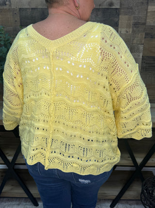 POL DANDELION YELLOW Crochet Short Sleeve Scalloped Edge Top