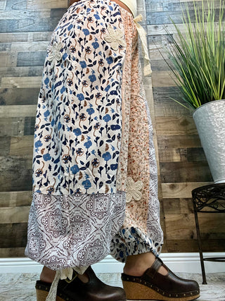 POL Peach & Blue Floral  Patchwork Jogger w/ Crochet Detail