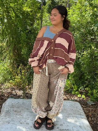 Oli & Hali Washed Wine & Ecru Colorblock & Patchwork Cardigan