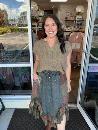 Young Threads Western Boho Patch Ruffled Midi Skirt