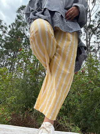 Oddi Yellow Striped Relaxed Fit Cotton Pants