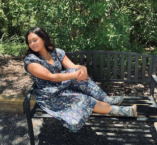 Midnight Blue Floral Cap Sleeve Bow Accent Midi Dress by Entro - Elegant and Stylish Women's Dress
