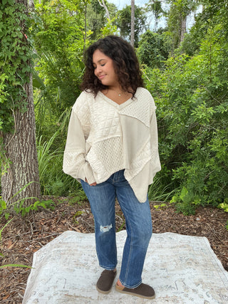 POL Vintage Oatmeal Patchwork Long Slv V Neck Top