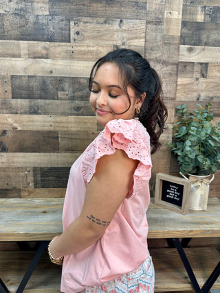 Alternate view of Easel Blush Eyelet Flutter Sleeve Top
