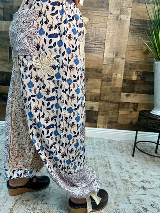 POL Peach & Blue Floral  Patchwork Jogger w/ Crochet Detail