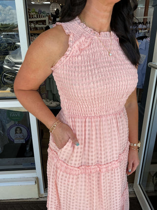 Listicle Maxi Dress in Baby Rose Gingham with Smocked Ruffle Tier, perfect for spring and summer fashion.