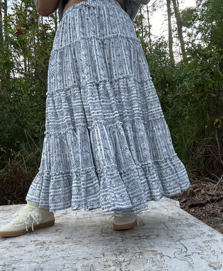 Easel Denim Printed Stripe Tiered Maxi Skirt