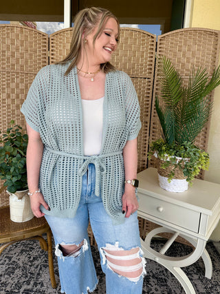 Alternate view of Take It Easy Seafoam Open Weave Cardigan Top
