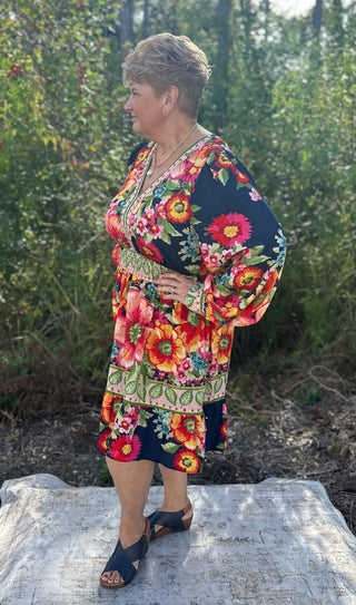 Oddi Navy Floral Border Printed Dress w/ Smocked Waist & Balloon Sleeves