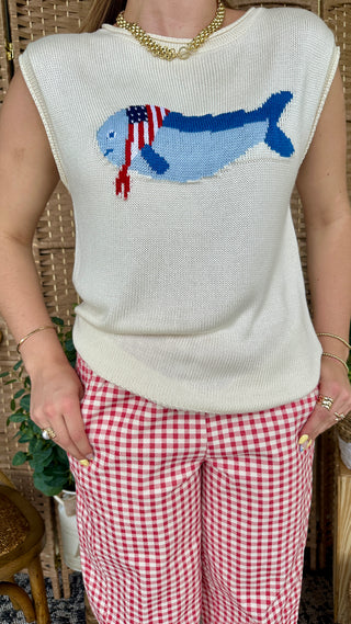 Alternate view of O-FISH-ally Patriotic Boatneck Sweater Top
