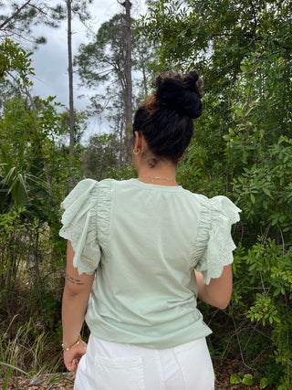 Alternate view of Green Eyelet Flutter Sleeve Top
