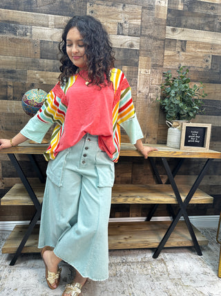 Alternate view of Easel RED Mineral Wash 3/4 Slv Multi Stripe Top
