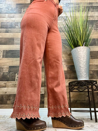 Brick Red Embroidered Hem Ankle Length Stretch Denim Pants
