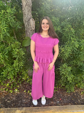 Davi & Dani Ruched ORCHID PURPLE Ruffle Pant & Short Sleeve Top Set