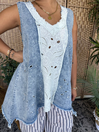 Light blue chambray tank with white lace front panel and eyelet cutout details, distressed edges.
