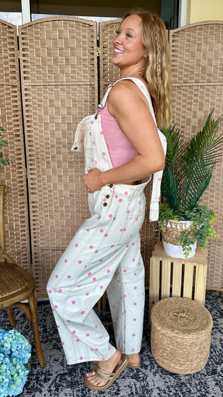Alternate view of Peach Love Cream & Lt Pink Polka Dot Overalls
