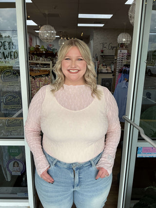 Dusty Pink Long Sleeve Layering Top with Lace Bows and Round Neck