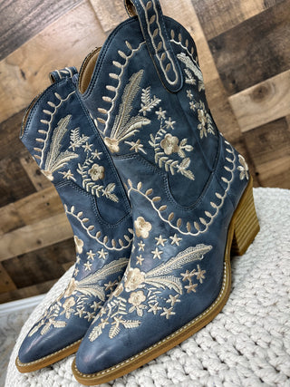 Lets Go Girls Wedgewood Blue Embroidered Booties