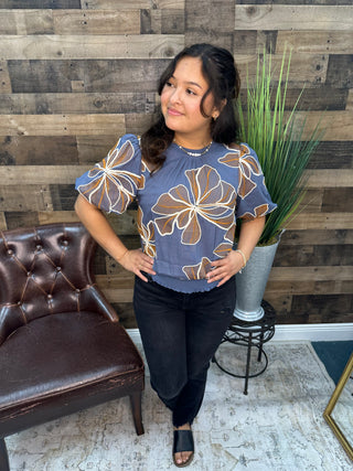 Blue Floral Embroidery Top w/ Lettuce Edge Hem