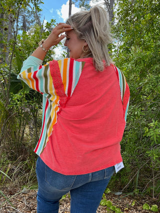 Alternate view of Easel RED Mineral Wash 3/4 Slv Multi Stripe Top
