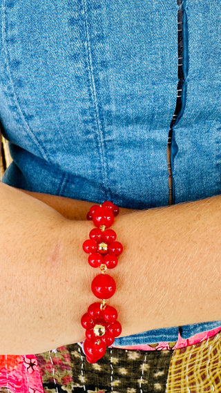 Red Flowers Glass Bead Magnetic Bracelet
