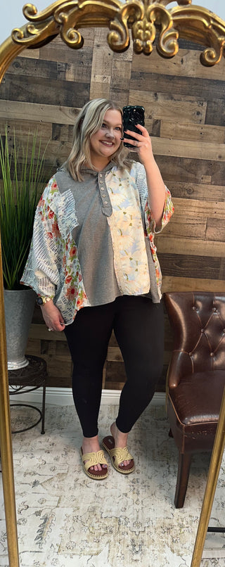 POL Heather Gray Half Placket Mixed Fabric Boxy Top Oversized