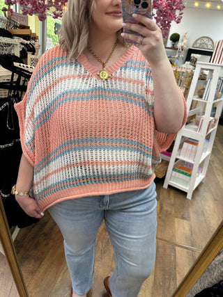 Alternate view of POL Coral & Aqua Stripe Crochet Top
