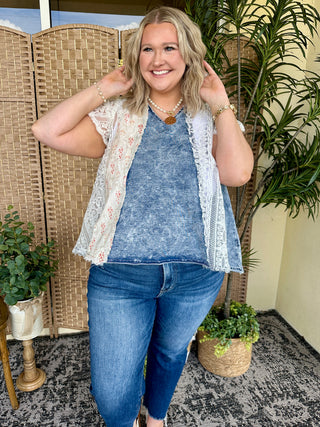 Alternate view of POL Hopelessly Devoted Chambray Patchwork Top
